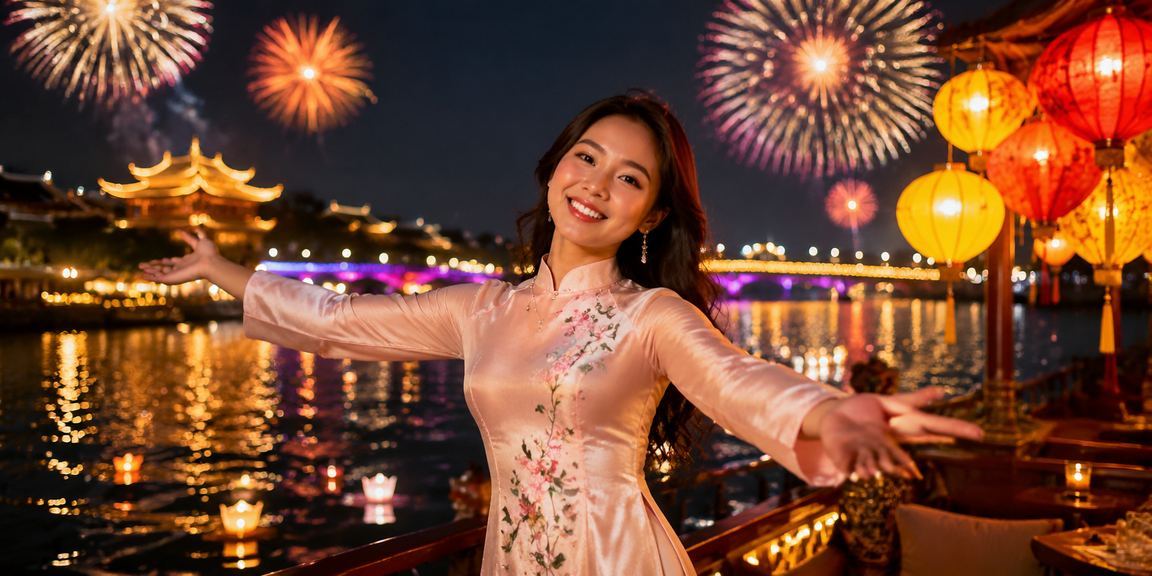 Người dùng tại Hội An xem thông tin ưu đãi và giải thưởng trực tuyến dưới ánh đèn lồng về đêm